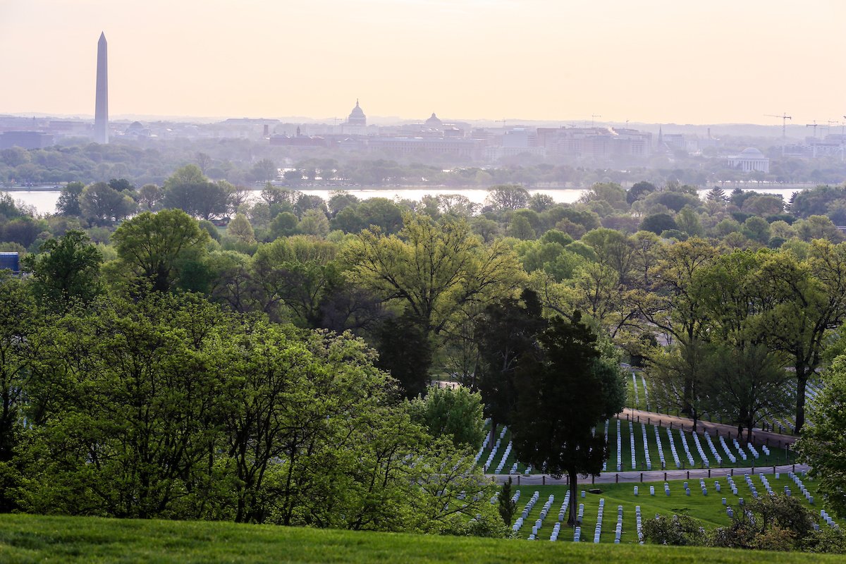 The view from Arlington National Cemetery covers the skyline of Washington, D.C.